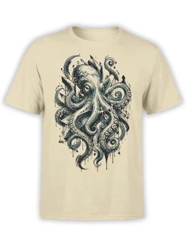 Detailed blue-gray octopus graphic with curling tentacles on a beige T-shirt