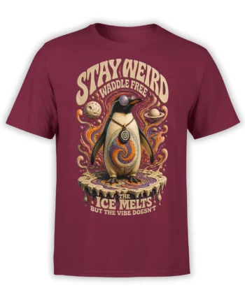 Cosmic penguin wearing round sunglasses on a burgundy T-shirt with planets and psychedelic swirls