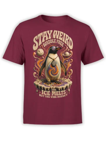 Cosmic penguin wearing round sunglasses on a burgundy T-shirt with planets and psychedelic swirls