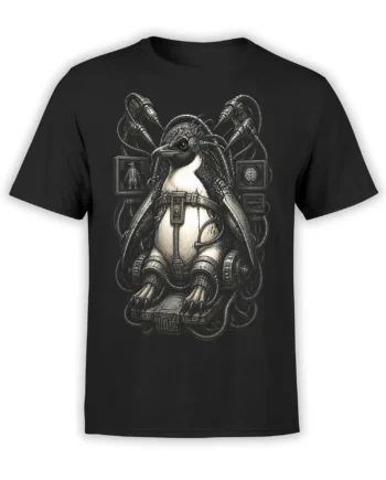 Cybernetic penguin surrounded by cables and monitors on a black science fiction graphic T-shirt