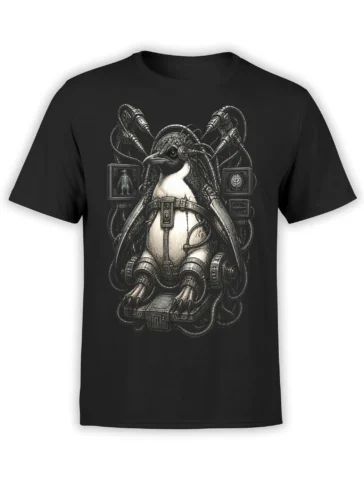 Cybernetic penguin surrounded by cables and monitors on a black science fiction graphic T-shirt