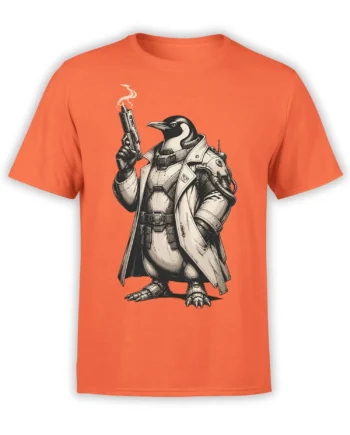 Armored penguin holding a smoking handgun on an orange T-shirt in a vintage comic-book style