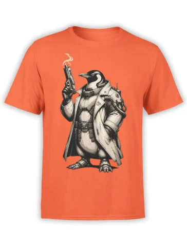 Armored penguin holding a smoking handgun on an orange T-shirt in a vintage comic-book style