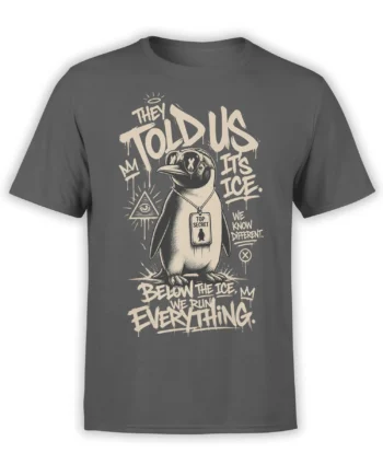 Gray T-shirt with a top-secret penguin, cream conspiracy lettering, an all-seeing eye, and mystery symbols