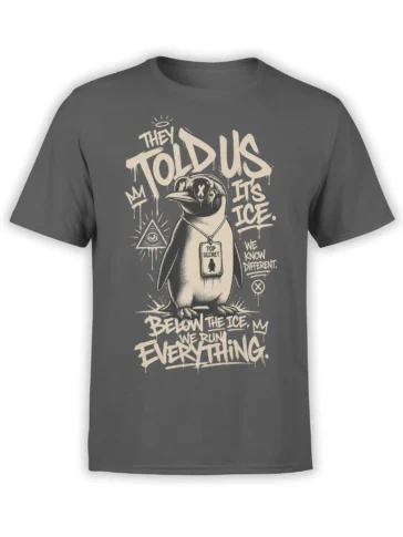 Gray T-shirt with a top-secret penguin, cream conspiracy lettering, an all-seeing eye, and mystery symbols