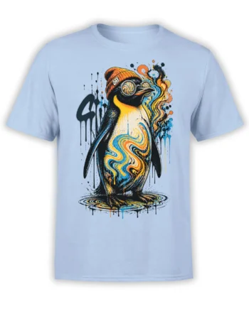 Psychedelic penguin wearing an orange beanie and goggles on a light blue graphic T-shirt