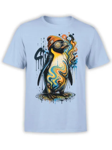 Psychedelic penguin wearing an orange beanie and goggles on a light blue graphic T-shirt