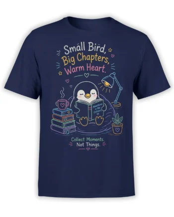 Cozy penguin reading book graphic with coffee, books, and warm lettering on a navy T-shirt