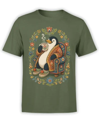 Green T-shirt with a penguin holding a steaming cup in an ornate floral armchair