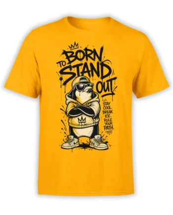 Yellow T-shirt with a cool penguin in sunglasses and a backward cap under bold “Born to Stand Out” lettering