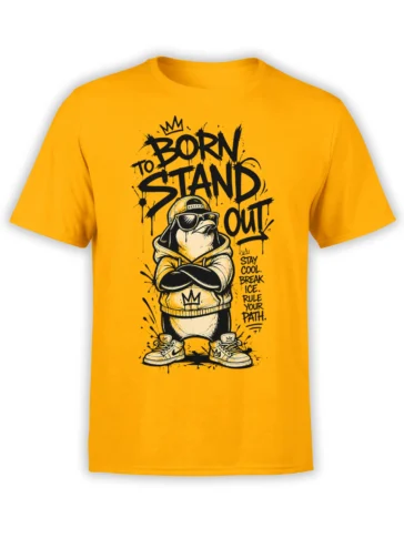Yellow T-shirt with a cool penguin in sunglasses and a backward cap under bold “Born to Stand Out” lettering