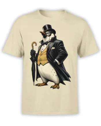 Dapper penguin gentleman wearing a top hat and monocle on a beige graphic T-shirt