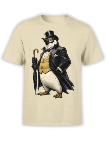 Dapper penguin gentleman wearing a top hat and monocle on a beige graphic T-shirt