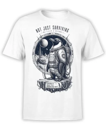 White penguin astronaut T-shirt with vintage space art, a moon, stars, and the words Not Just Surviving