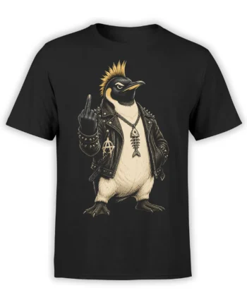 Black T-shirt featuring a punk bird in a studded leather jacket with a fishbone necklace and anarchy symbol
