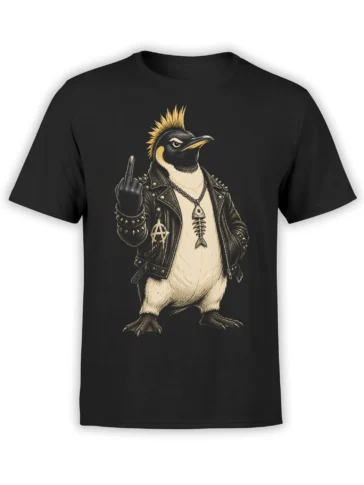 Black T-shirt featuring a punk bird in a studded leather jacket with a fishbone necklace and anarchy symbol