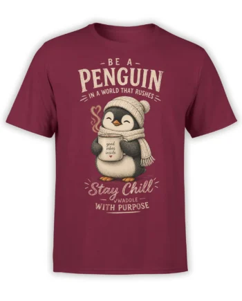 Cozy penguin in a beanie and scarf holding a warm mug on a burgundy T-shirt