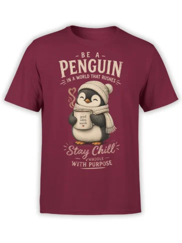 Cozy penguin in a beanie and scarf holding a warm mug on a burgundy T-shirt