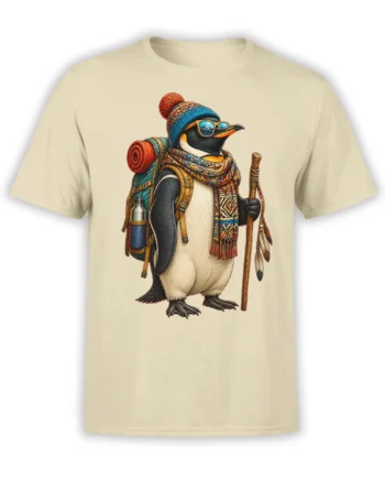 Penguin explorer wearing a beanie, sunglasses, scarf, and backpack on a beige T-shirt