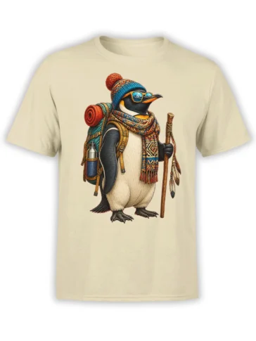 Penguin explorer wearing a beanie, sunglasses, scarf, and backpack on a beige T-shirt