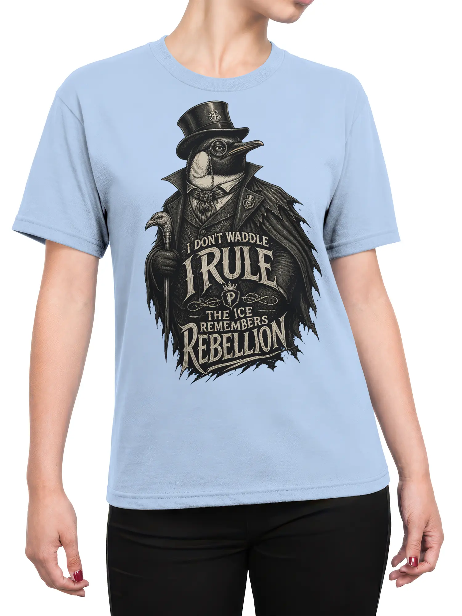 Female torso wearing a light blue T-shirt with a top-hatted penguin and vintage rebellion artwork