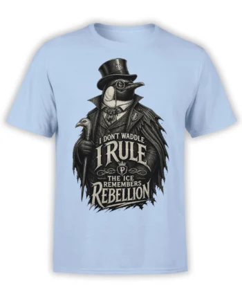 Top-hatted penguin in a Victorian coat and cape with rebellious lettering on a light blue T-shirt
