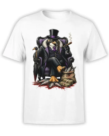 Menacing dressed bird in a top hat, suit, and cigar with fish and cash on a white graphic tee