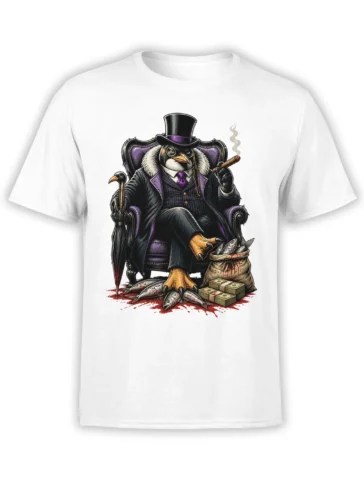 Menacing dressed bird in a top hat, suit, and cigar with fish and cash on a white graphic tee