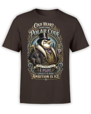Polar Code bird graphic on a brown T-shirt with a top hat, ornate coat, and ambitious vintage lettering
