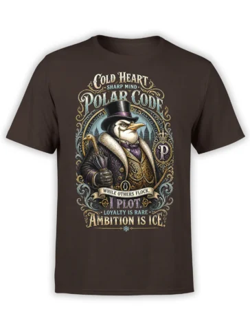 Polar Code bird graphic on a brown T-shirt with a top hat, ornate coat, and ambitious vintage lettering