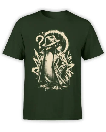 Vintage noir raven in a fedora and long coat with question marks on a dark green T-shirt