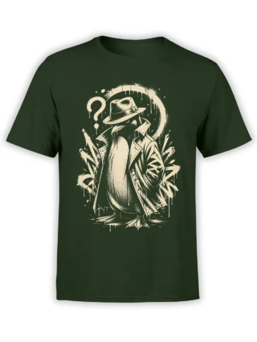 Vintage noir raven in a fedora and long coat with question marks on a dark green T-shirt