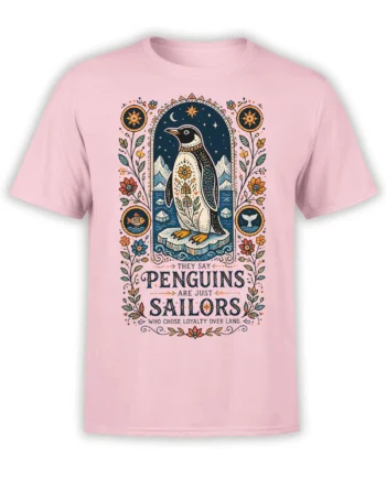 Vintage penguin sailor graphic with flowers, waves, mountains, and loyalty message on a pink T-shirt
