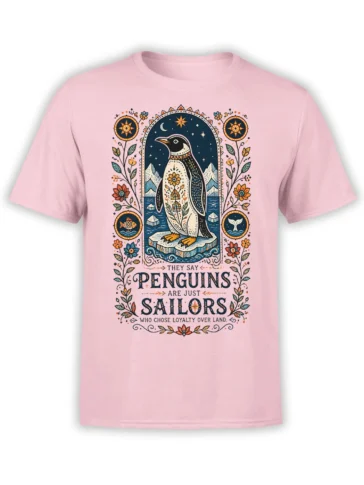 Vintage penguin sailor graphic with flowers, waves, mountains, and loyalty message on a pink T-shirt