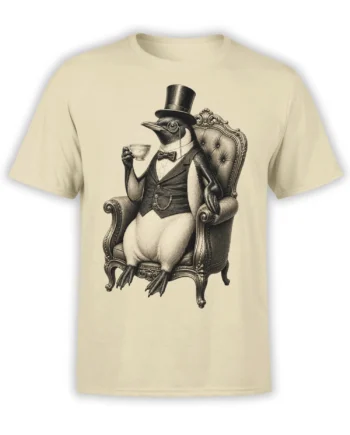 Vintage penguin gentleman wearing a top hat and bow tie on a beige T-shirt