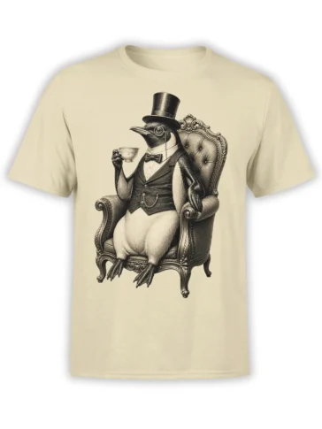 Vintage penguin gentleman wearing a top hat and bow tie on a beige T-shirt