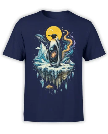 Cosmic penguin fantasy design with galaxy belly, floating ice island, dolphin, moon, and submarine on a navy T-shirt
