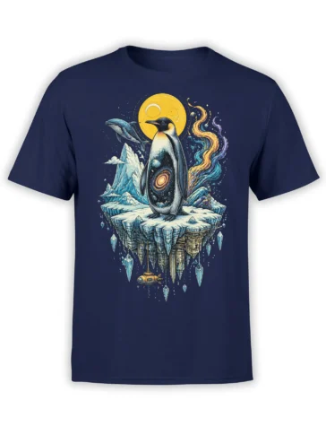 Cosmic penguin fantasy design with galaxy belly, floating ice island, dolphin, moon, and submarine on a navy T-shirt