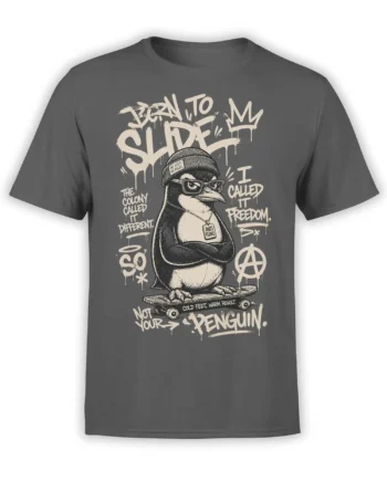 Gray penguin skateboard T-shirt with glasses, beanie, graffiti lettering, and rebellious freedom artwork