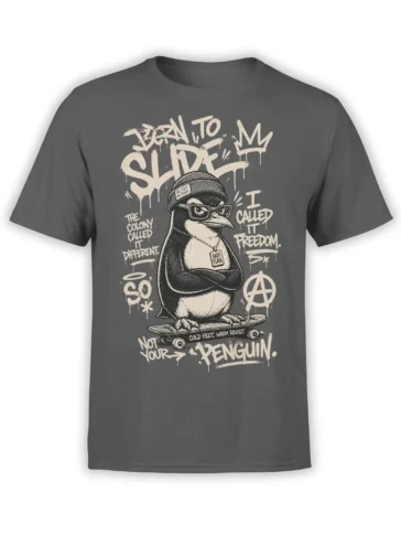 Gray penguin skateboard T-shirt with glasses, beanie, graffiti lettering, and rebellious freedom artwork