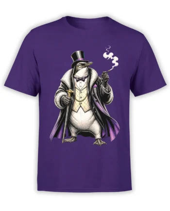 Dapper penguin in a top hat, bow tie, cane, and smoking pipe printed on a purple T-shirt