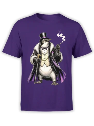 Dapper penguin in a top hat, bow tie, cane, and smoking pipe printed on a purple T-shirt