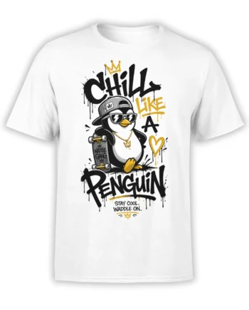 White penguin T-shirt with crowned skater penguin, sunglasses, skateboard, and bold black and gold lettering