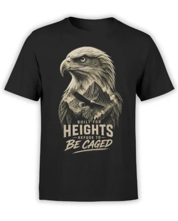 Black bald eagle T-shirt with mountain peaks, soaring eagle artwork, and Built for Heights lettering