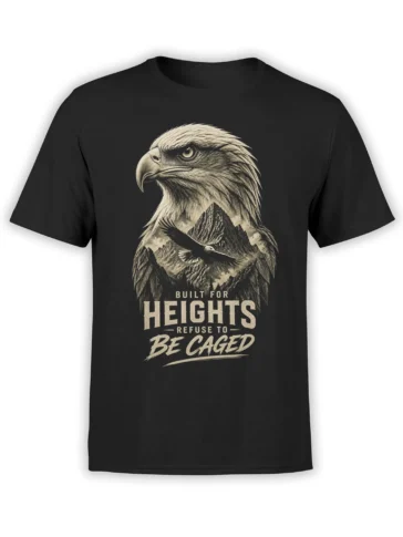 Black bald eagle T-shirt with mountain peaks, soaring eagle artwork, and Built for Heights lettering