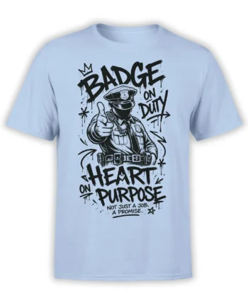 Light blue police officer T-shirt with badge artwork, thumbs-up pose, and “Not Just a Job. A Promise.” lettering