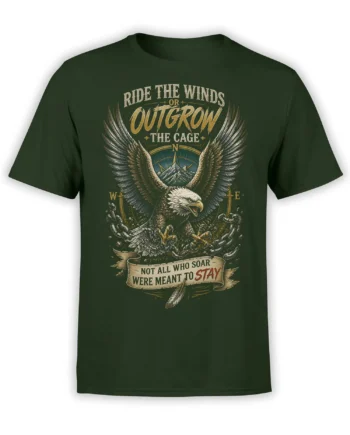 Vintage bald eagle graphic on a dark green shirt with broken chains, mountain peaks, and a freedom message