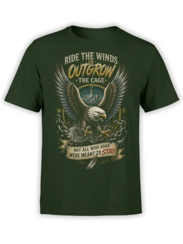 Vintage bald eagle graphic on a dark green shirt with broken chains, mountain peaks, and a freedom message