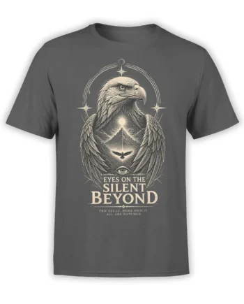 Gray eagle t-shirt with mountain, stars, watchful eye, and Silent Beyond artwork