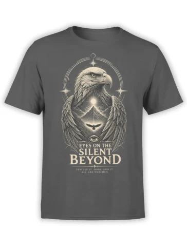 Gray eagle t-shirt with mountain, stars, watchful eye, and Silent Beyond artwork